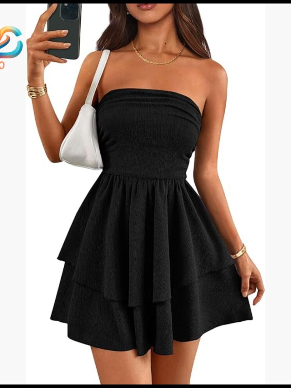 Strapless Mini Dress Smocked Waist Ruffle A-Line Summer Party Club